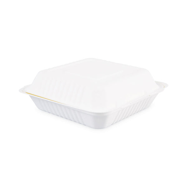 Boardwalk® Bagasse Food Containers, Hinged-Lid, 1-Compartment 9 x 9 x 3.19, White,  Sugarcane, 100/Sleeve, 2 Sleeves/Carton (BWKHINGEWF1CM9)
