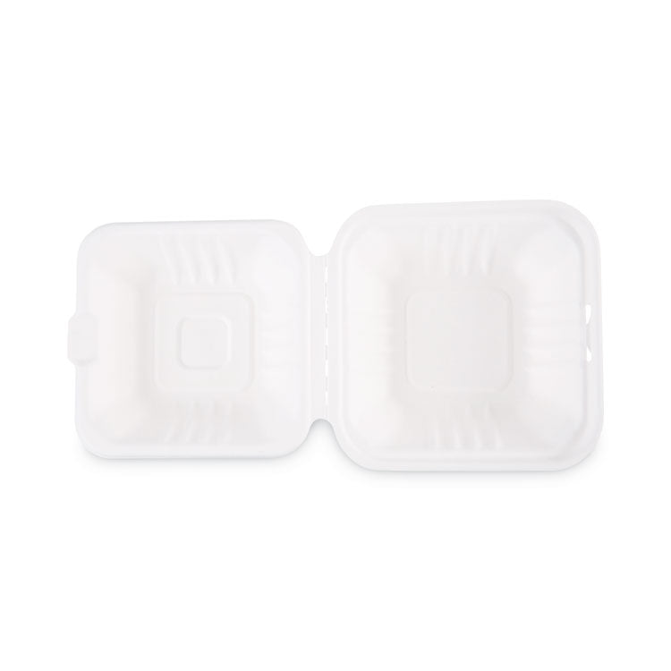 Boardwalk® Bagasse Food Containers, Hinged-Lid, 1-Compartment 6 x 6 x 3.19, White, Sugarcane, 125/Sleeve, 4 Sleeves/Carton (BWKHINGEWF1CM6)