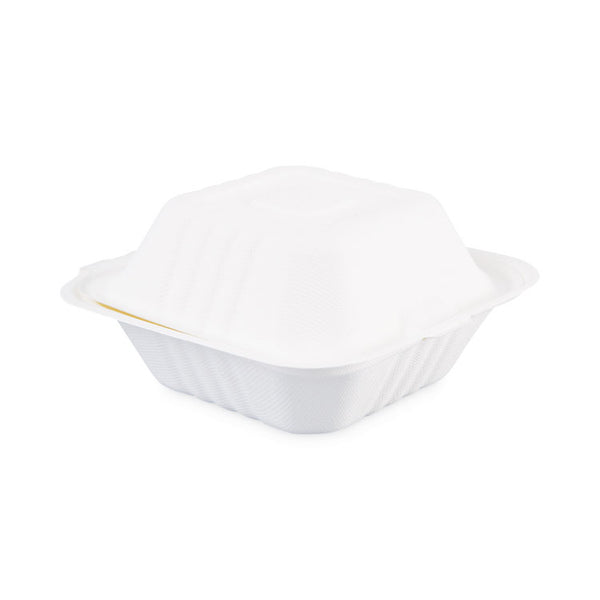 Boardwalk® Bagasse Food Containers, Hinged-Lid, 1-Compartment 6 x 6 x 3.19, White, Sugarcane, 125/Sleeve, 4 Sleeves/Carton (BWKHINGEWF1CM6)