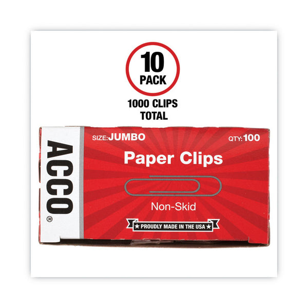 ACCO Paper Clips, Jumbo, Nonskid, Silver, 100 Clips/Box, 10 Boxes/Pack (ACC72585)