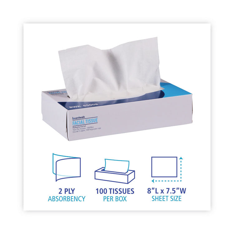 Boardwalk® Office Packs Facial Tissue, 2-Ply, White, Flat Box, 100 Sheets/Box, 30 Boxes/Carton (BWK6500B)