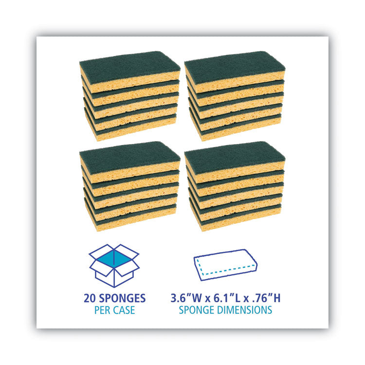 Boardwalk® Scrubbing Sponge, Medium Duty, 3.6 x 6.1, 0.75" Thick, Yellow/Green, Individually Wrapped, 20/Carton (BWK174)