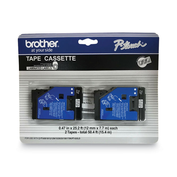 Brother P-Touch® TC Tape Cartridges for P-Touch Labelers, 0.47" x 25.2 ft, Black on Clear, 2/Pack (BRTTC10)