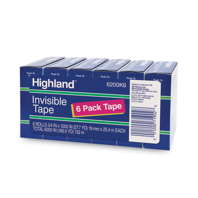 Highland™ Invisible Permanent Mending Tape, 1" Core, 0.75" x 83.33 ft, Clear, 6/Pack (MMM6200K6)