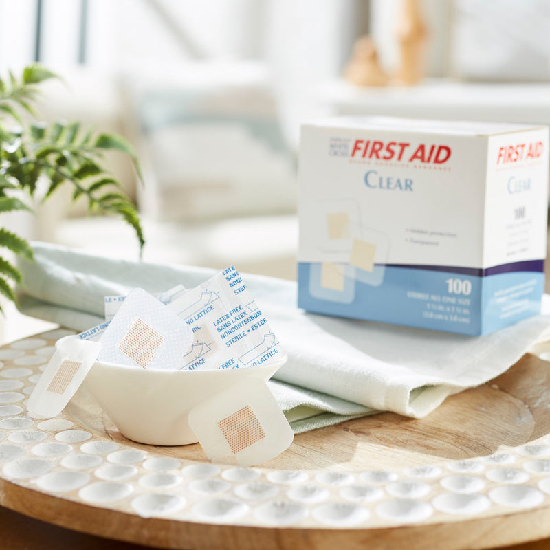 American® White Cross Adhesive Spot Bandage 1-1/2 X 1-1/2 Inch Plastic Square Sheer Sterile (869575_BX) 1/BX