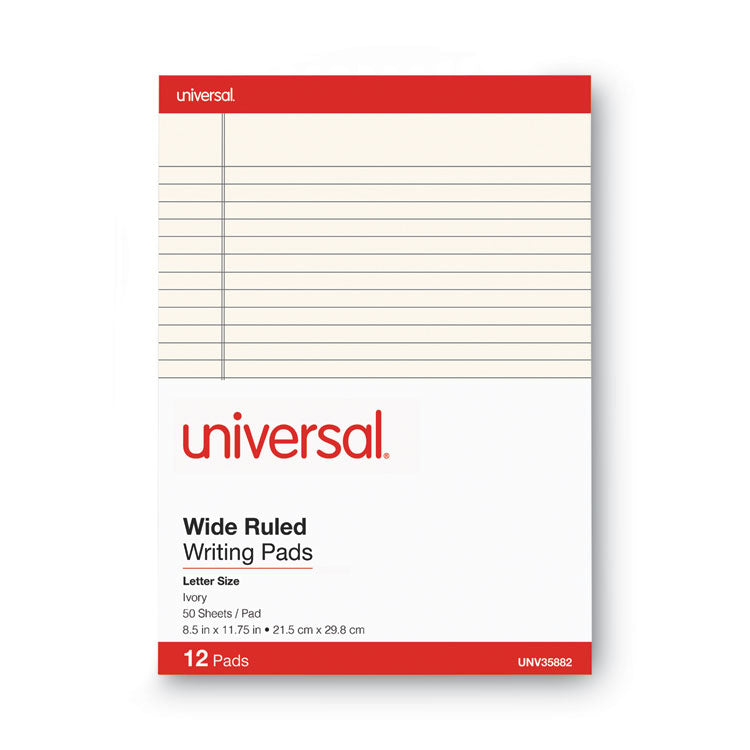Universal® Colored Perforated Ruled Writing Pads, Letter Size Pad (8.5 x 11.75), Wide/Legal Rule, 50 Ivory 8.5 x 11 Sheets, Dozen (UNV35882)