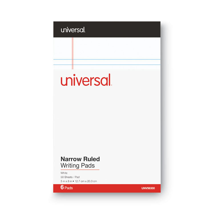 Universal® Premium Ruled Writing Pads with Heavy-Duty Back, Narrow Rule, Black Headband, 50 White 5 x 8 Sheets, 6/Pack (UNV56300)