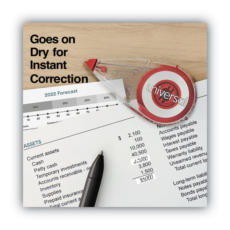 Universal® Correction Tape, Mini Economy, Non-Refillable, Clear/Red Applicator, 0.25" x 275", 10/Pack (UNV75611)