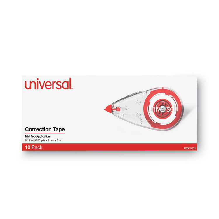 Universal® Correction Tape, Mini Economy, Non-Refillable, Clear/Red Applicator, 0.25" x 275", 10/Pack (UNV75611)