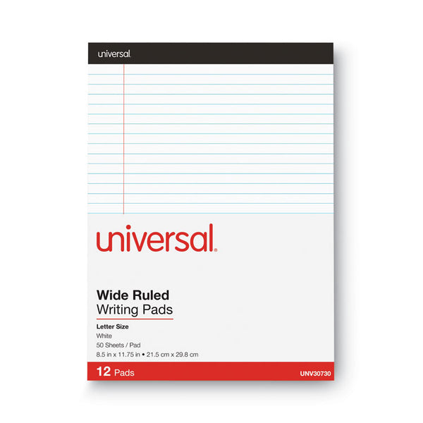Universal® Premium Ruled Writing Pads with Heavy-Duty Back, Wide/Legal Rule, Black Headband, 50 White 8.5 x 11 Sheets, 12/Pack (UNV30730)