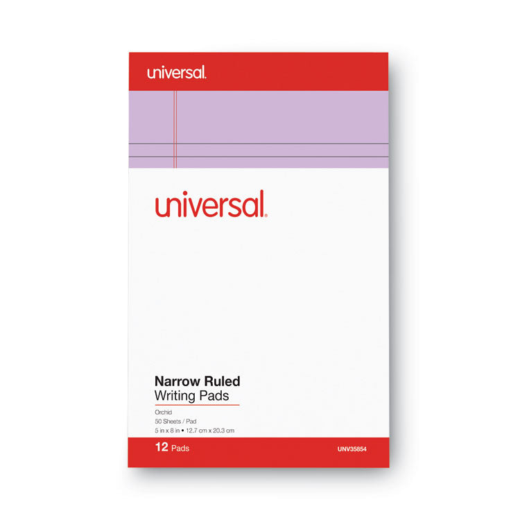 Universal® Colored Perforated Ruled Writing Pads, Narrow Rule, 50 Orchid 5 x 8 Sheets, Dozen (UNV35854)