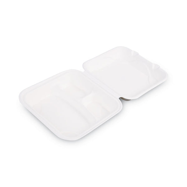 Eco-Products® Bagasse Hinged Clamshell Containers, 3-Compartment, 9 x 9 x 3, White, Sugarcane, 50/Pack, 4 Packs/Carton (ECOEPHC93)