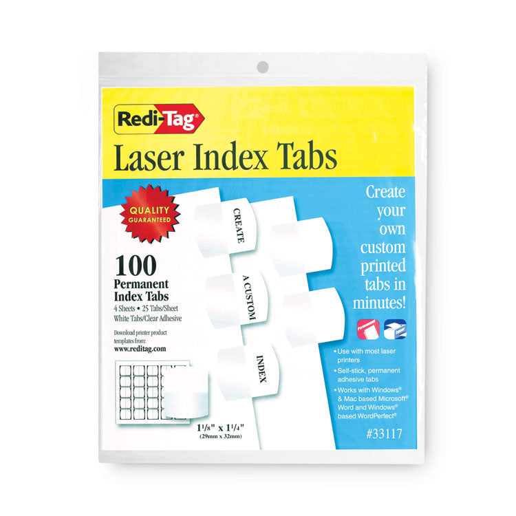 Redi-Tag® Laser Printable Index Tabs, 1/5-Cut, White, 1.13" Wide, 100/Pack (RTG33117) Box of 100