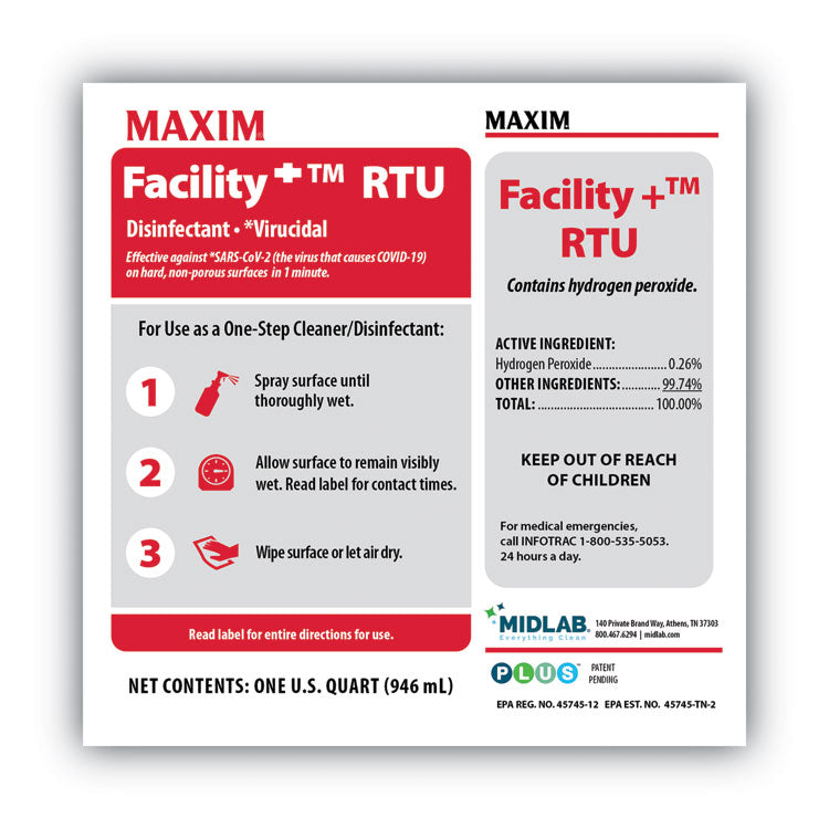 Maxim® Facility+ RTU Disinfectant, Safe-to-Ship, Unscented, 32 oz, 6/Carton (MLB04640086) Case of 6