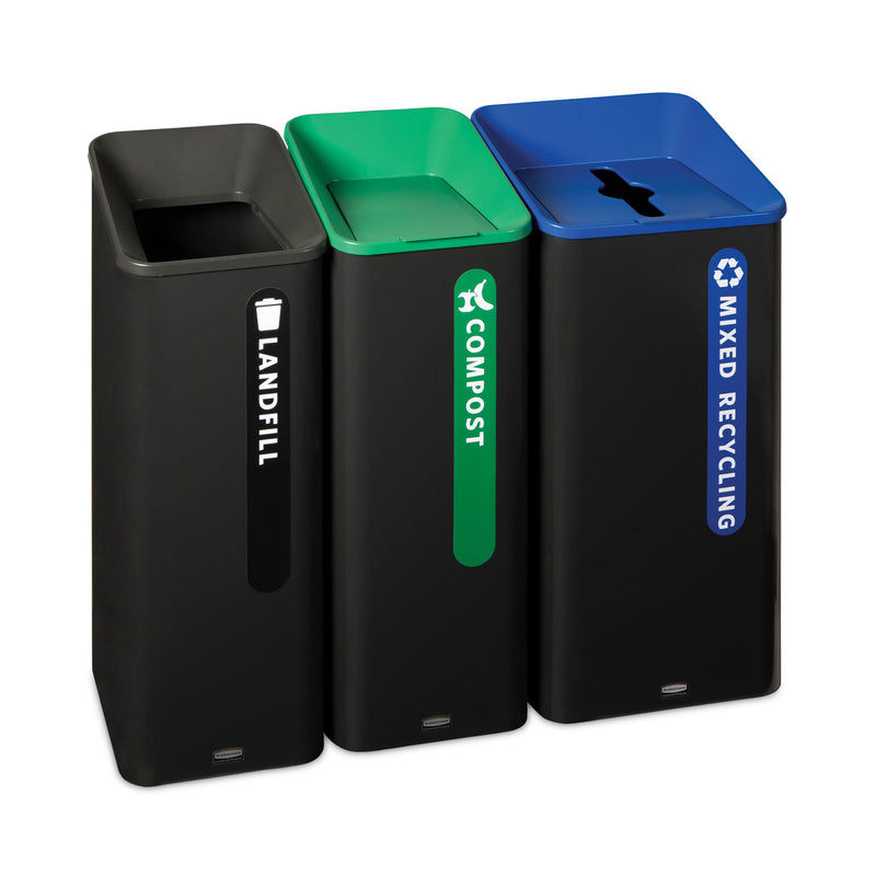 Rubbermaid Sustain Decorative Refuse with Recycling Lid, 15 gal, Metal/Plastic, Black/Green (RCP2078991) Each