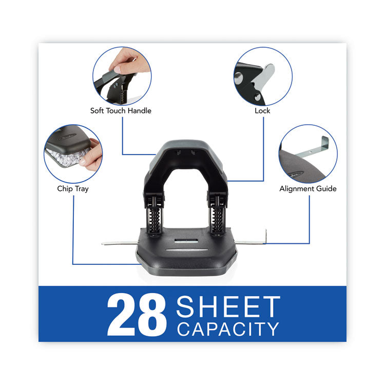 Swingline® 28-Sheet Comfort Handle Steel Two-Hole Punch, 1/4" Holes, Black/Gray (SWI74050)
