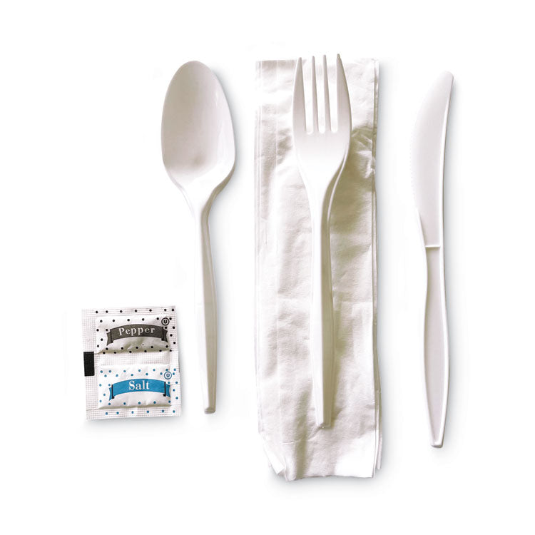 Boardwalk® Cutlery Kit, Plastic Fork/Spoon/Knife/Salt/Polypropylene/Napkin, White, 250/Carton (BWK6KITMW) Case of 250