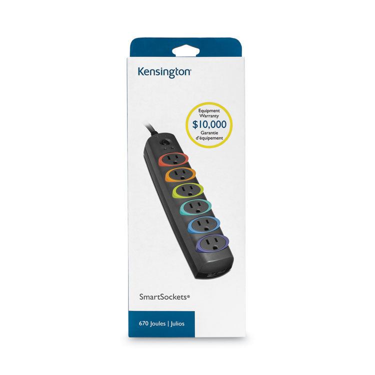 Kensington® SmartSockets Color-Coded Strip Surge Protector, 6 AC Outlets, 6 ft Cord, 670 J, Black (KMW62146)