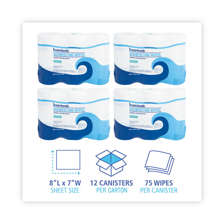 Boardwalk® Disinfecting Wipes, 7 x 8, Fresh Scent, 75/Canister, 12 Canisters/Carton (BWK454W753CT)