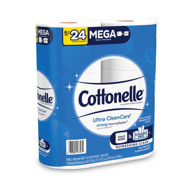 Cottonelle® Ultra CleanCare Toilet Paper, Strong Tissue, Mega Rolls, Septic Safe, 1-Ply, White, 340 Sheets/Roll, 6 Rolls/Pk, 6 Pks/Carton (KCC47747)