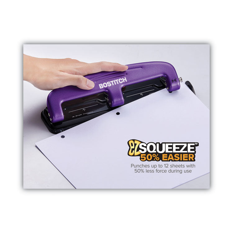 Bostitch® 12-Sheet EZ Squeeze Three-Hole Punch, 9/32" Holes, Purple/Black (ACI2105)