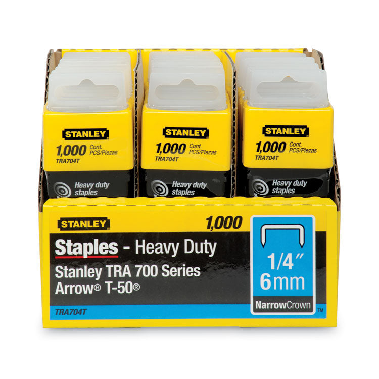 Stanley® SharpShooter Heavy-Duty Tacker Staples, 0.25" Leg, 0.5" Crown, Steel, 1,000/Box (BOSTRA704T) Box of 1000