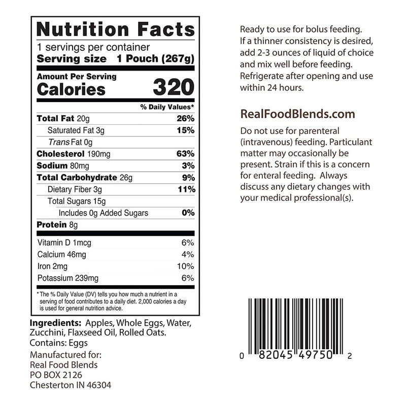 Real Food Blends® Tube Feeding Formula Apples, Whole Eggs, Water, Zucchini, Falxseed Oil, Rolled Oats (Oats are certified gluten-free.) Liquid 9.4 oz. Pouch (1079120_CS) 12/CS