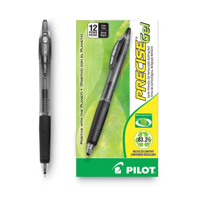 Pilot® Precise Gel BeGreen Gel Pen, Retractable, Fine 0.7 mm, Black Ink, Smoke Barrel, Dozen (PIL15001)