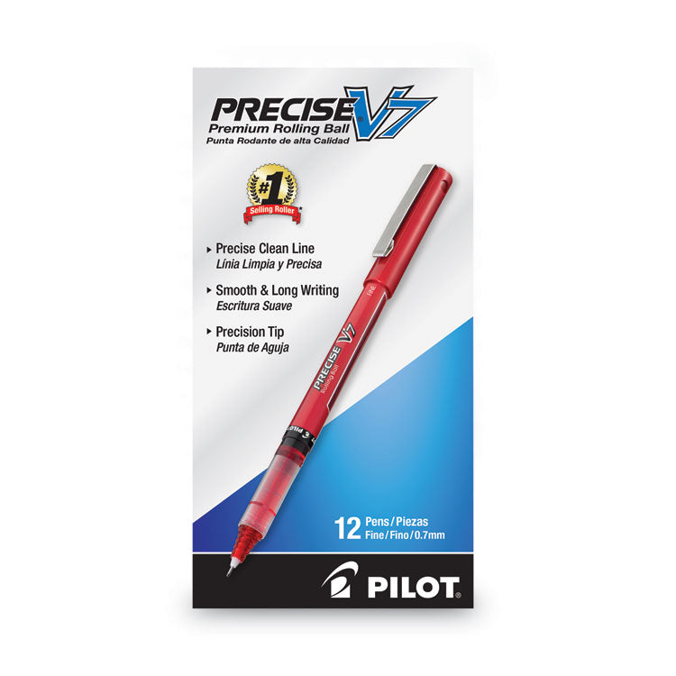 Pilot® Precise V7 Roller Ball Pen, Stick, Fine 0.7 mm, Red Ink, Red/Clear Barrel, Dozen (PIL35352)