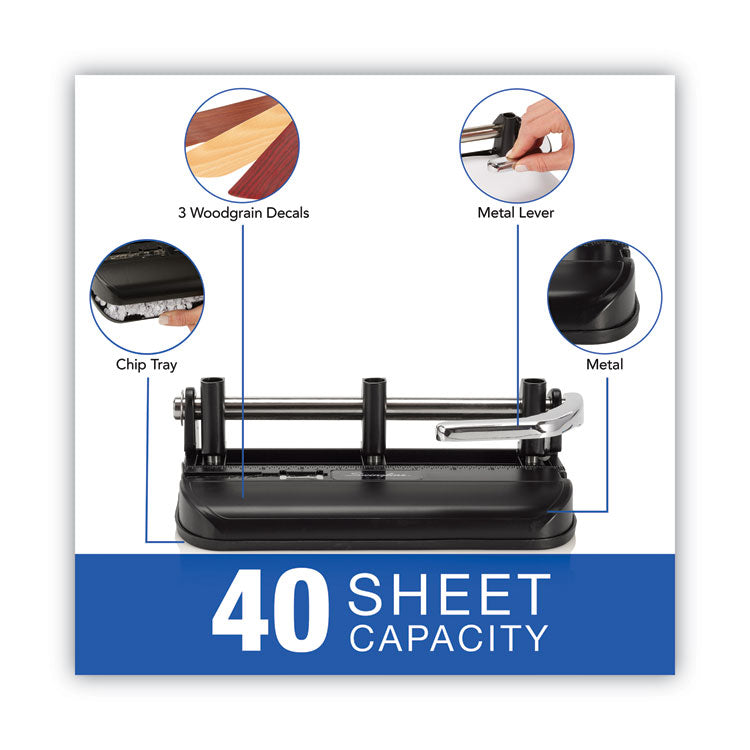 Swingline® 40-Sheet Accented Heavy-Duty Lever Action Two- to Seven-Hole Punch, 11/32" Holes, Black/Woodgrain (SWI74400)