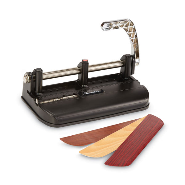 Swingline® 40-Sheet Accented Heavy-Duty Lever Action Two- to Seven-Hole Punch, 11/32" Holes, Black/Woodgrain (SWI74400)