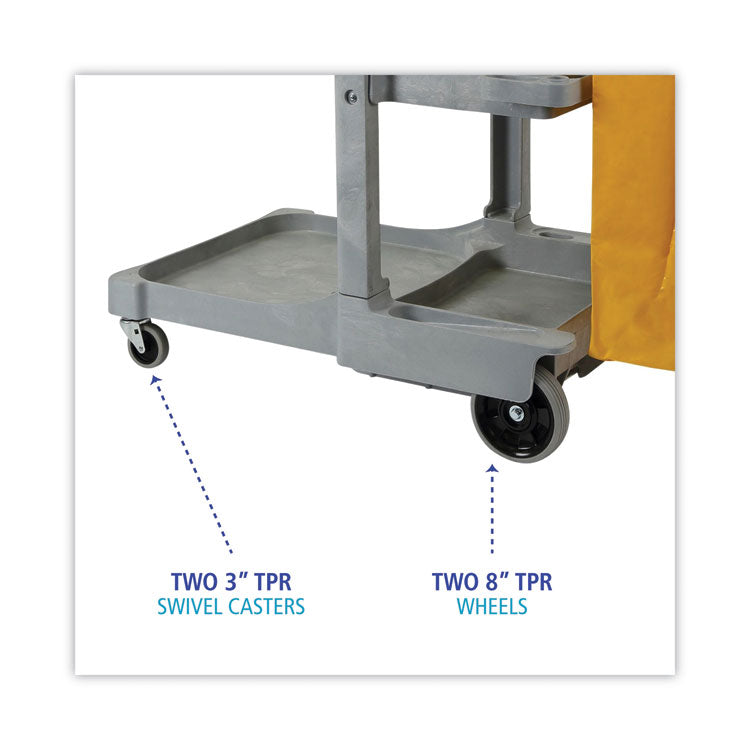Boardwalk® Janitor's Cart, Plastic, 4 Shelves, 1 Bin, 22" x 44" x 38", Gray (BWKJCARTGRA) Each