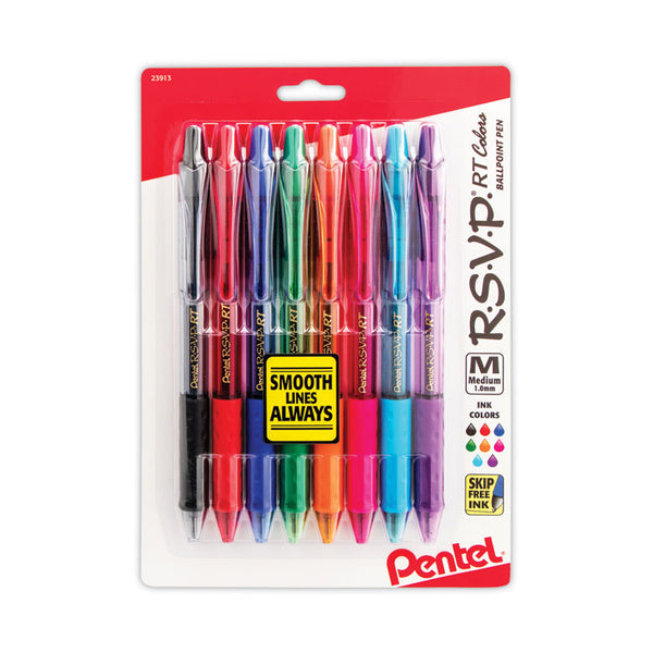 Pentel® R.S.V.P. RT Ballpoint Pen, Retractable, Medium 1 mm, Assorted Ink Colors, Clear Barrel, 8/Pack (PENBK93CRBP8M)