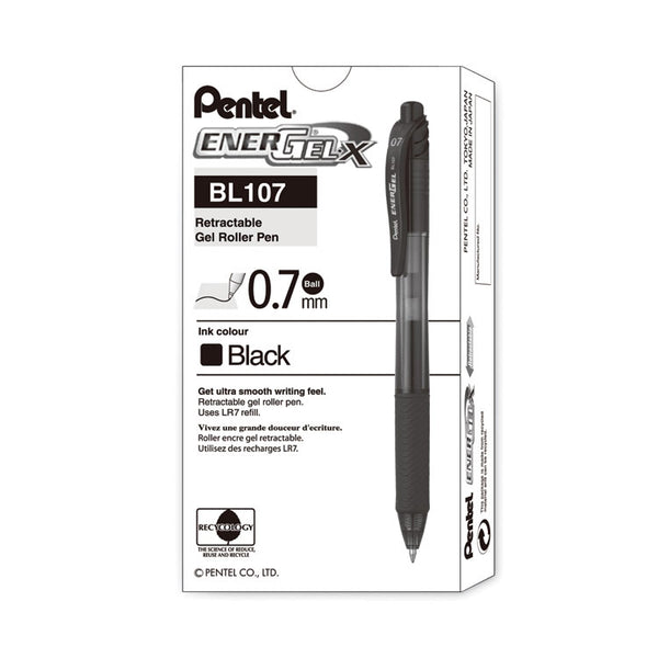 Pentel® EnerGel-X Gel Pen, Retractable, Medium 0.7 mm, Black Ink, Smoke/Black Barrel, Dozen (PENBL107A)