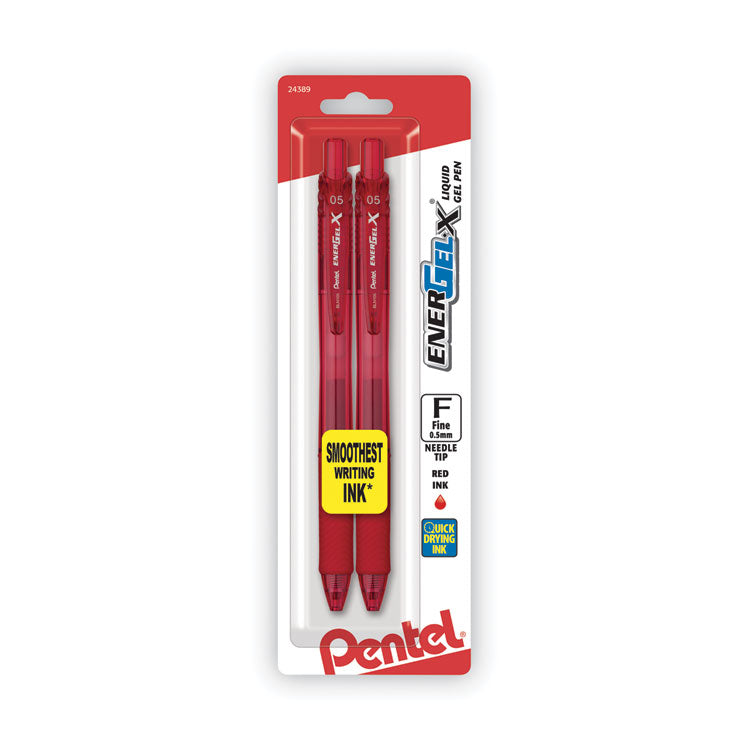 Pentel® EnerGel-X Gel Pen, Retractable, Fine 0.5 mm Needle Tip, Red Ink, Translucent Red/Red Barrel, Dozen (PENBLN105B)