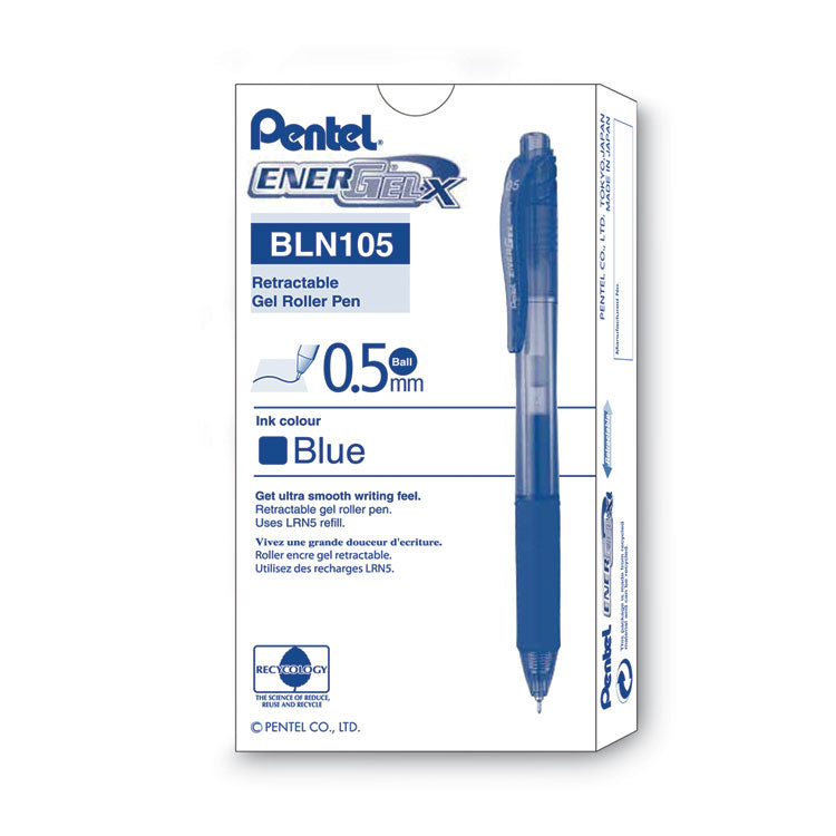 Pentel® EnerGel-X Gel Pen, Retractable, Fine 0.5 mm Needle Tip, Blue Ink, Translucent Blue/Blue Barrel, Dozen (PENBLN105C) Box of 12