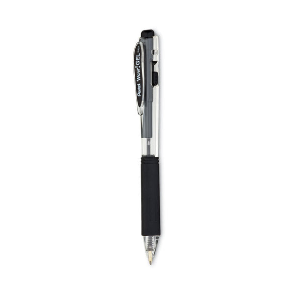 Pentel® WOW! Gel Pen, Retractable, Medium 0.7 mm, Black Ink, Clear/Black Barrel, Dozen (PENK437A) 1 Dozen