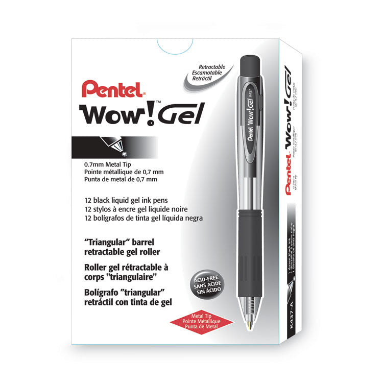 Pentel® WOW! Gel Pen, Retractable, Medium 0.7 mm, Black Ink, Clear/Black Barrel, Dozen (PENK437A) 1 Dozen