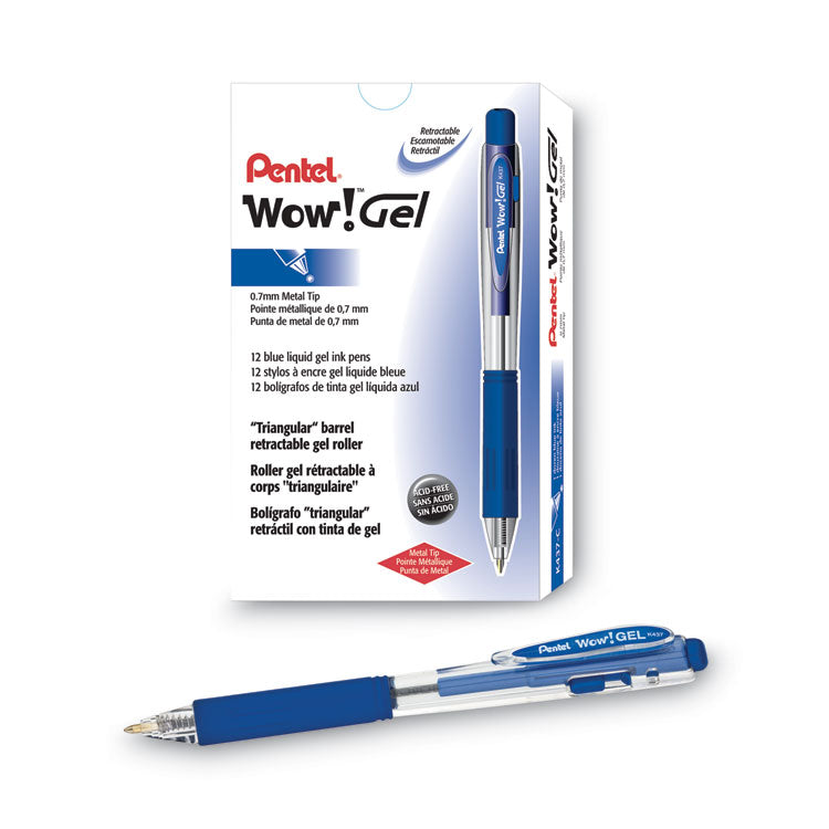 Pentel® WOW! Gel Pen, Retractable, Medium 0.7 mm, Blue Ink, Clear/Blue Barrel, Dozen (PENK437C) 1 Dozen