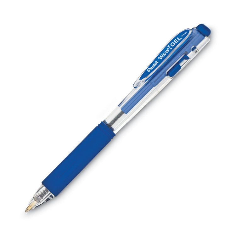 Pentel® WOW! Gel Pen, Retractable, Medium 0.7 mm, Blue Ink, Clear/Blue Barrel, Dozen (PENK437C) 1 Dozen