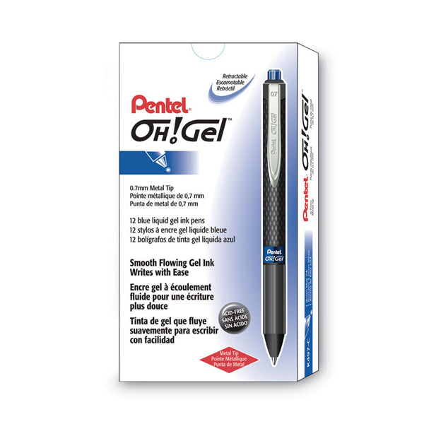 Pentel® Oh! Gel Pen, Retractable, Medium 0.7 mm, Blue Ink, Black Barrel, Dozen (PENK497C)