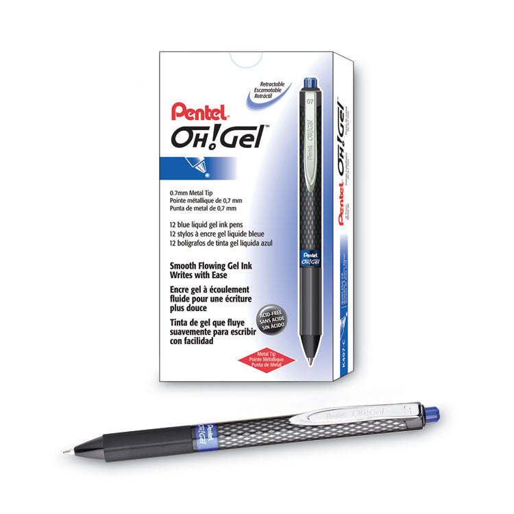 Pentel® Oh! Gel Pen, Retractable, Medium 0.7 mm, Blue Ink, Black Barrel, Dozen (PENK497C) Box of 12