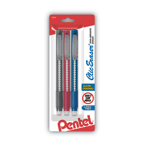 Pentel® Clic Eraser Grip Eraser, For Pencil Marks, White Eraser, Randomly Assorted Barrel Color, 3/Pack (PENZE21BP3K6)
