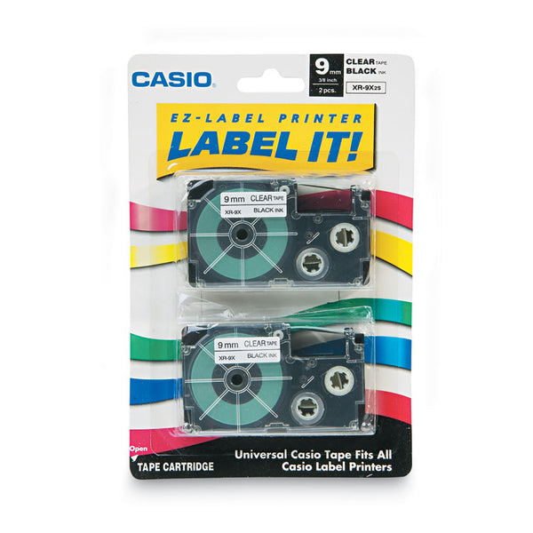 Casio® Tape Cassettes for KL Label Makers, 0.37" x 26 ft, Black on Clear, 2/Pack (CSOXR9X2S) Pack of 2