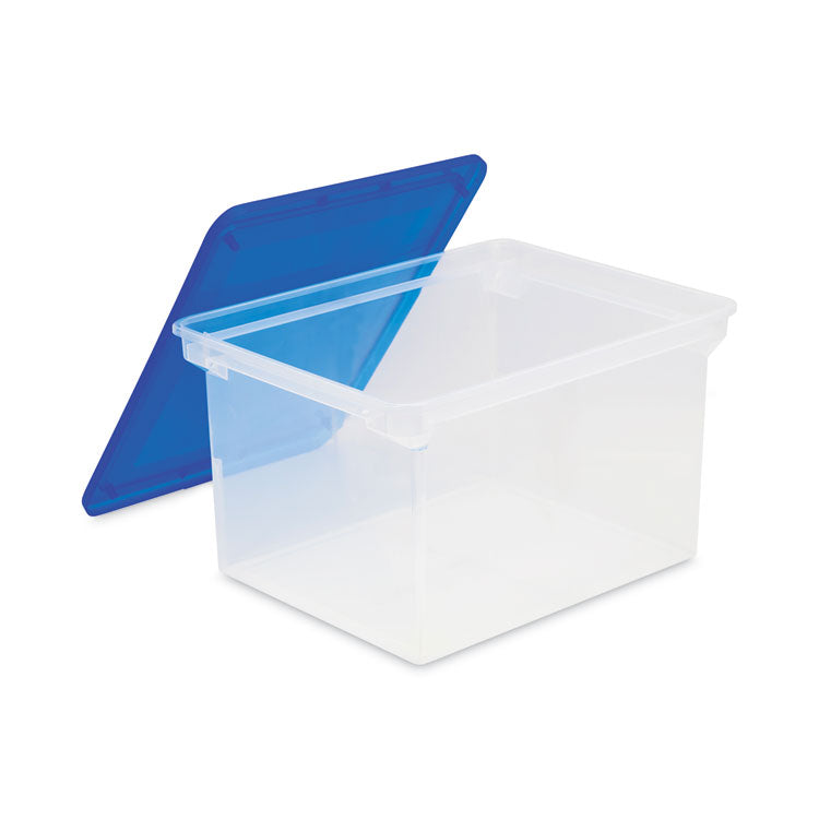 Storex Plastic File Tote, Letter/Legal Files, 18.5" x 14.25" x 10.88", Clear/Blue (STX61508U01C)