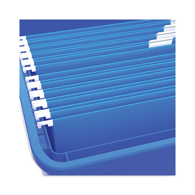 Storex Plastic File Tote, Letter/Legal Files, 18.5" x 14.25" x 10.88", Blue/Clear (STX61554U01C) Each