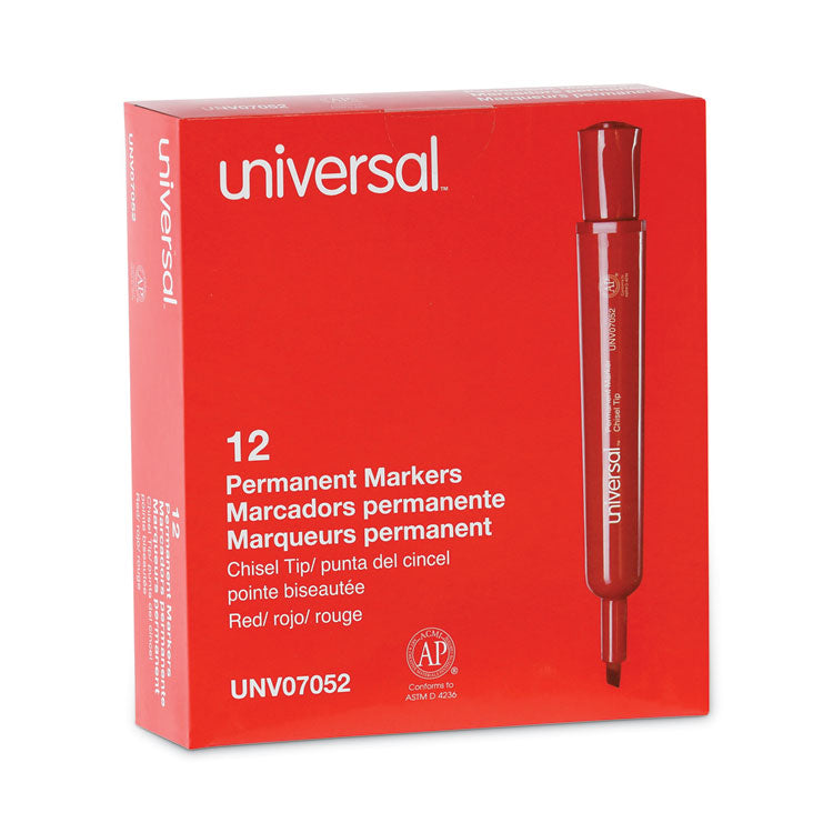 Universal™ Chisel Tip Permanent Marker, Broad Chisel Tip, Red, Dozen (UNV07052)