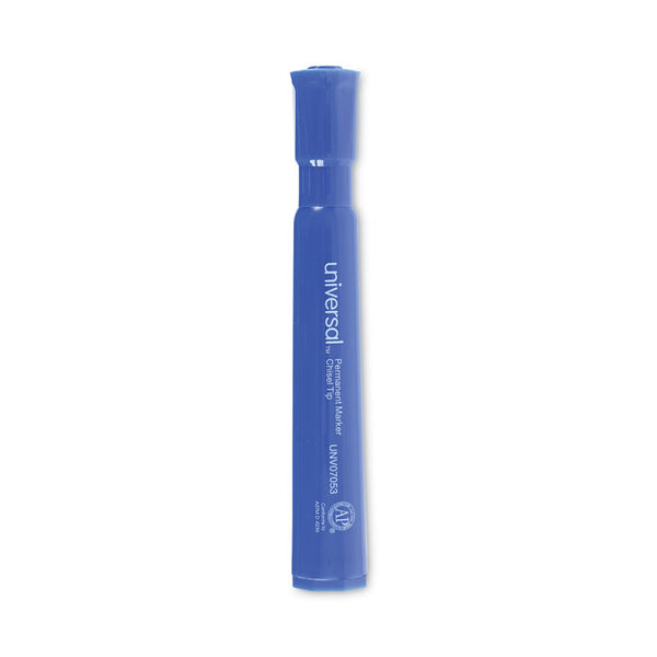 Universal™ Chisel Tip Permanent Marker, Broad Chisel Tip, Blue, Dozen (UNV07053)