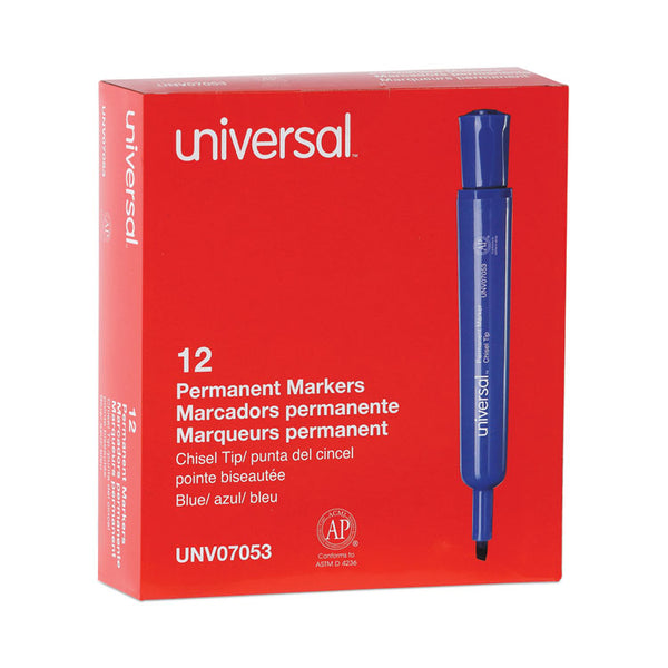 Universal™ Chisel Tip Permanent Marker, Broad Chisel Tip, Blue, Dozen (UNV07053)