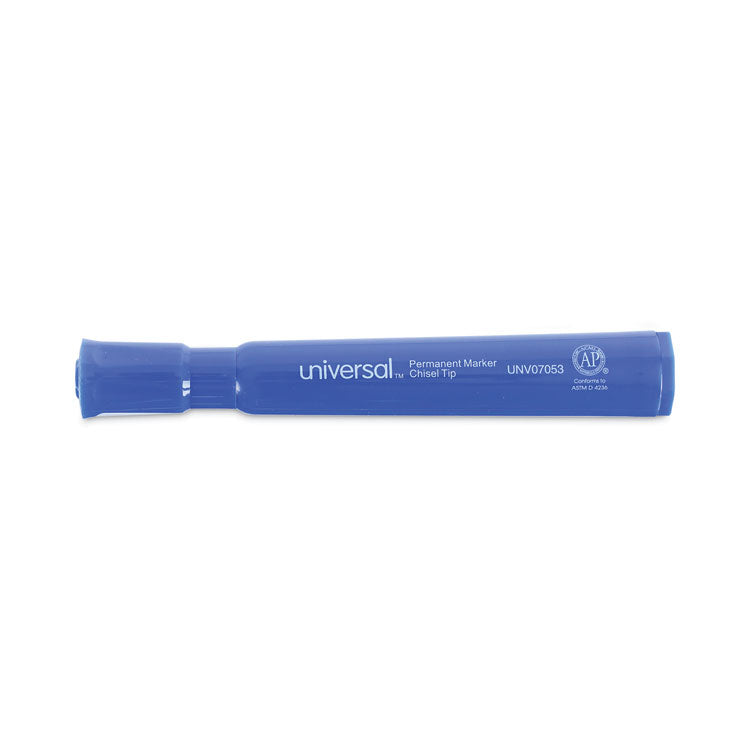 Universal™ Chisel Tip Permanent Marker, Broad Chisel Tip, Blue, Dozen (UNV07053)